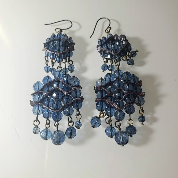 Blue Ribbon and Bead Dangle Earrings - Picture 1 of 5